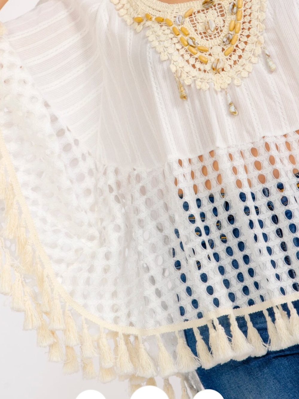 SD6- OFF WHITE Boho Gold Accent Beaded Crochet Tassel Tunic Top - Picture 2 of 3
